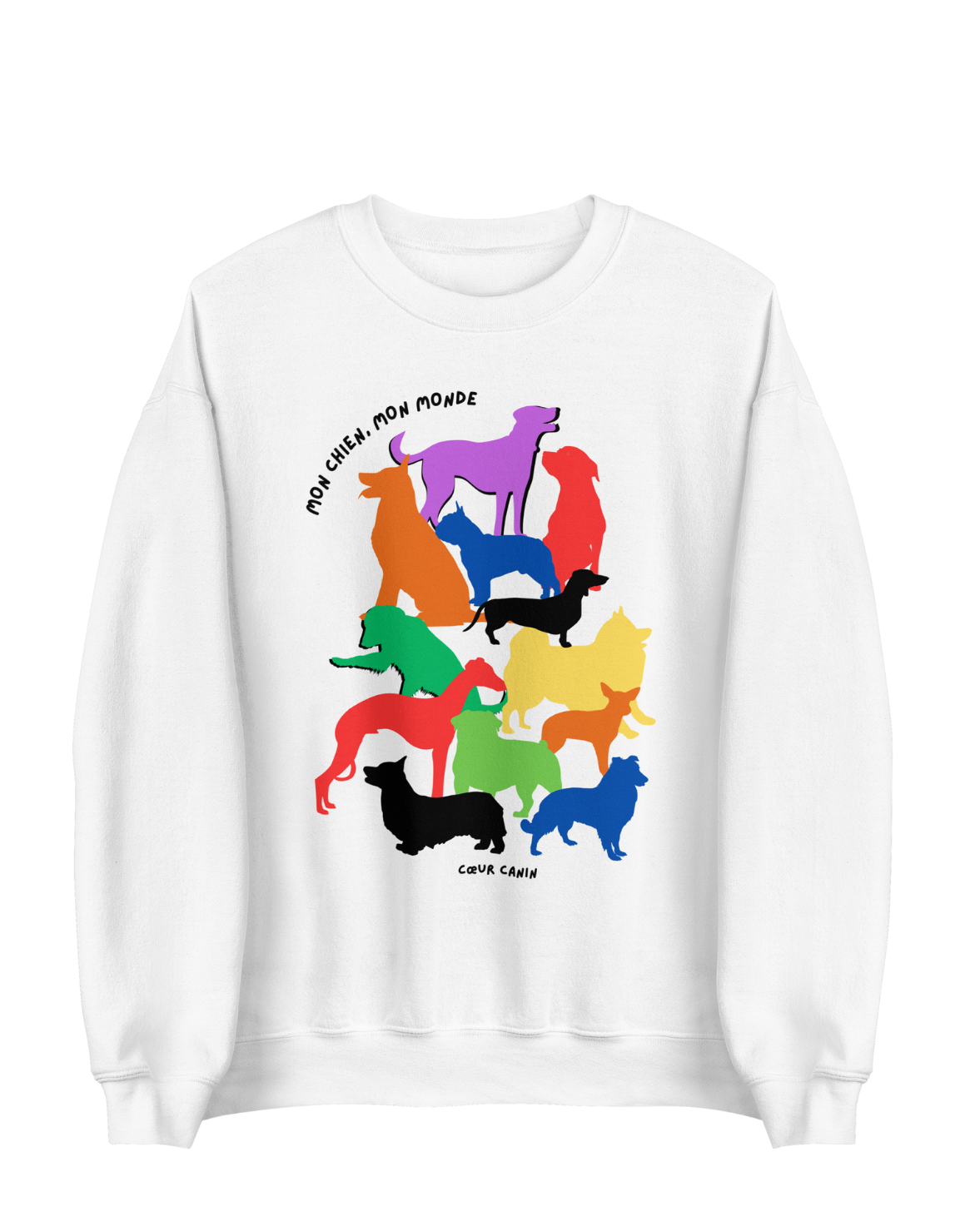 White sweatshirt with colorful dog illustrations on a white background