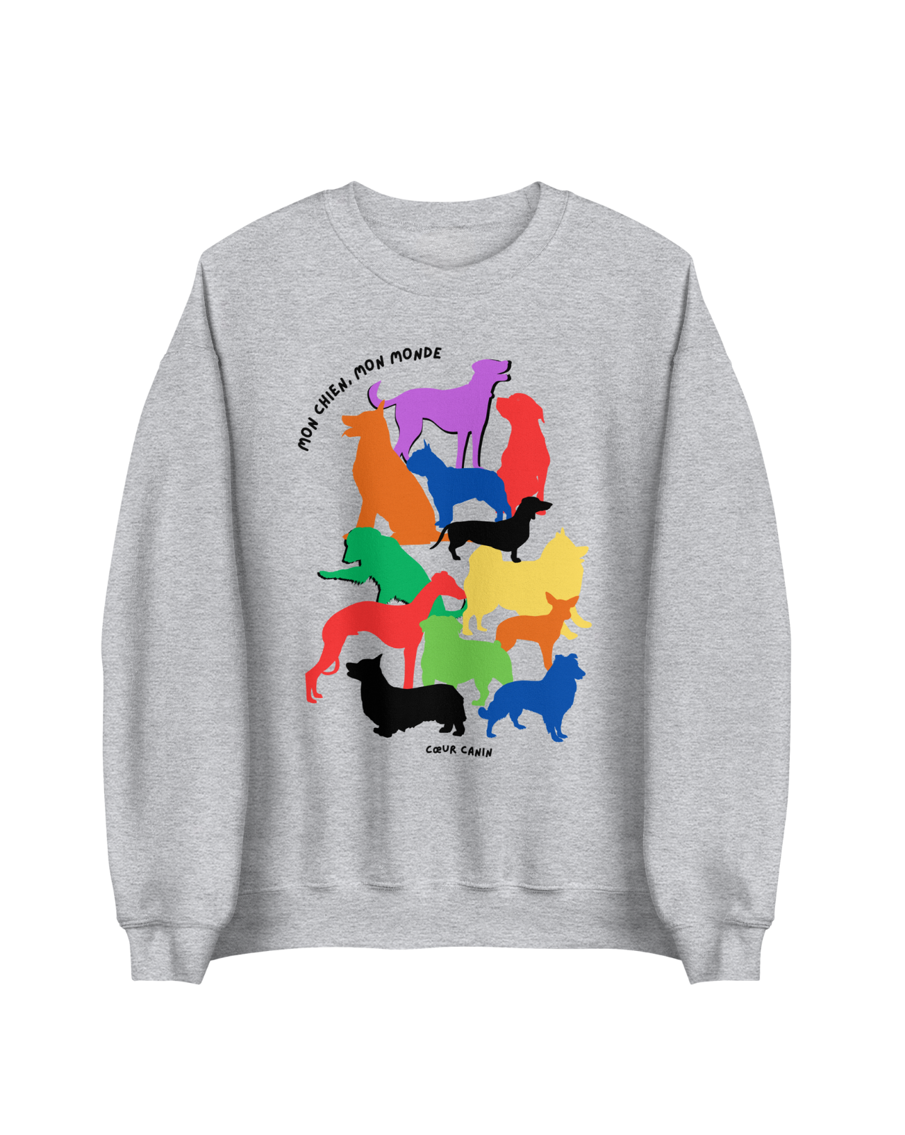 Gray sweatshirt with colorful dog illustrations on a white background